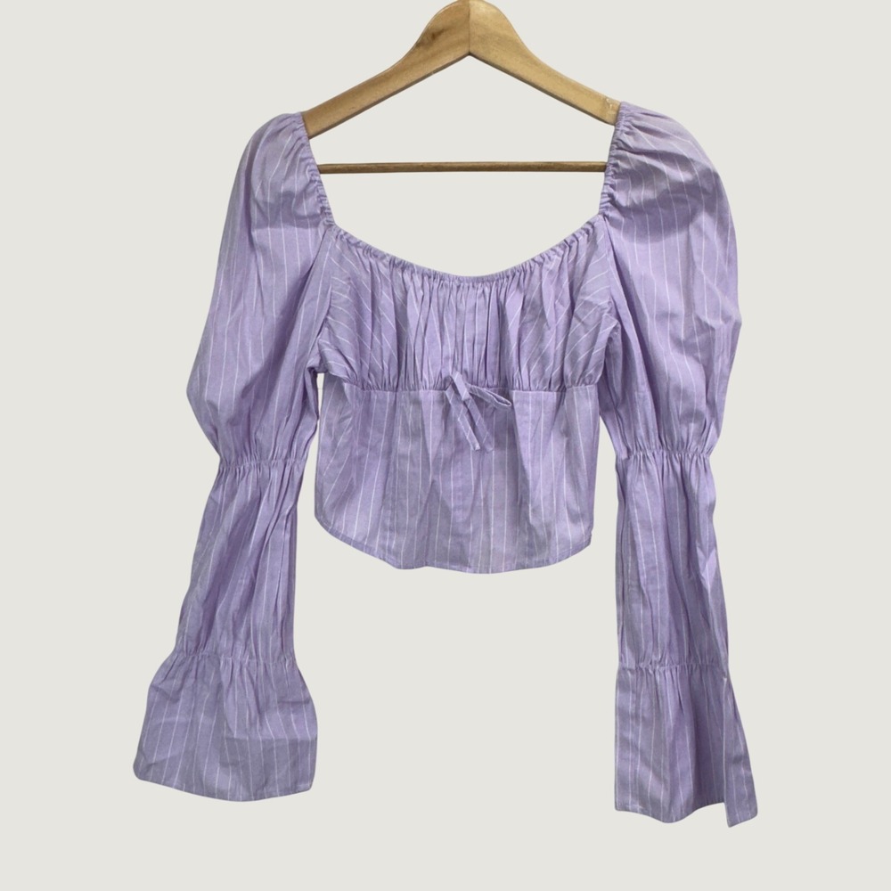 Freshman Striped Puff Sleeve Crop Top S Purple Cottagecore Boho Smocked Romantic